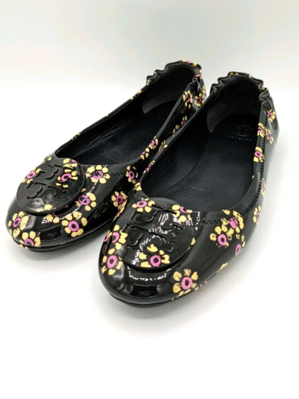 Tory Burch Minnie Floral Travel Flats Patent Black